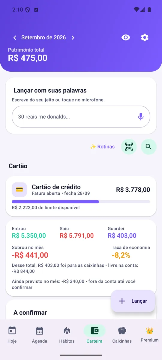 Tela Carteira do GoTask com cartão de crédito, entradas, saídas e taxa de economia